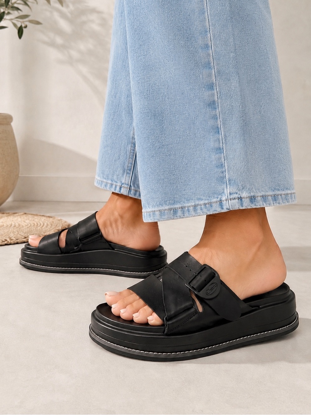 CHACO Townes Leather Platform Slide Sandals Black Womens Size 8